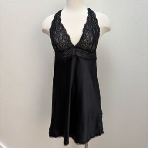 Victorias Secret Satin Chemise Lace Lingerie Sheer Babydoll Black Size Medium